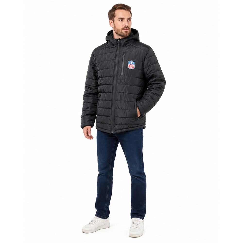 NFL Team Apparel Black Quilted Hooded Puffer Jacket Men’s Large 45" Chest - Picture 2 of 7